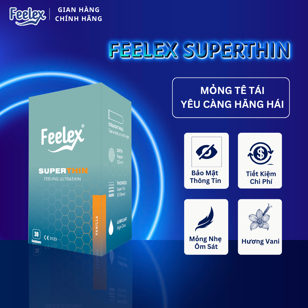  Bao cao su nam gia đình Feelex Super Thin siêu mỏng siêu trơn hương dâu vani  hộp 30 chiếc 