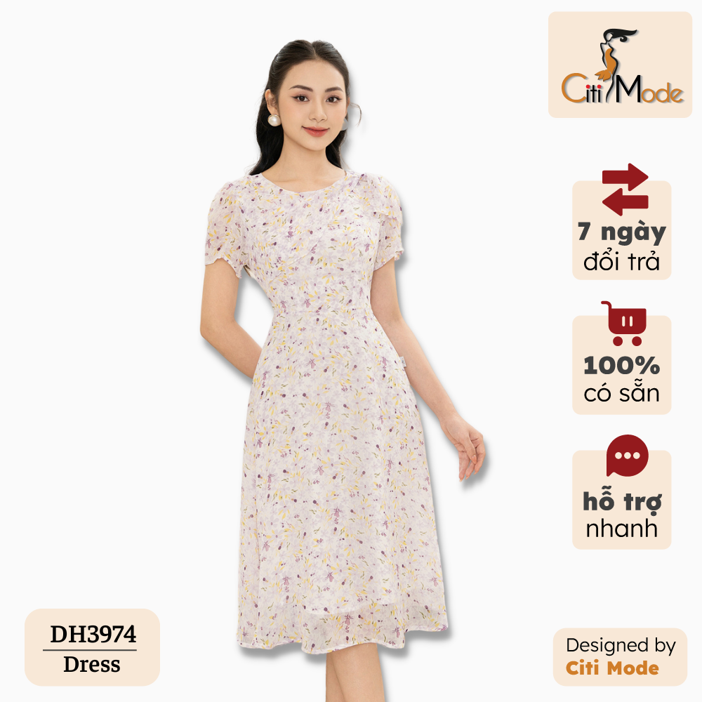 Đầm công sở nữ thiết kế cao cấp CITI MODE dáng xòe cổ tròn tay ngắn DH3974