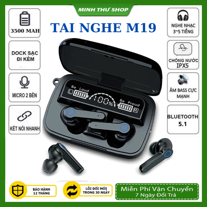 Tai nghe bluetooth M19,Tai nghe không dây nhét tai ,Độ Trễ Thấp,Chống Ồn,chống nước, Âm Thanh Hay,Pin 6-8h