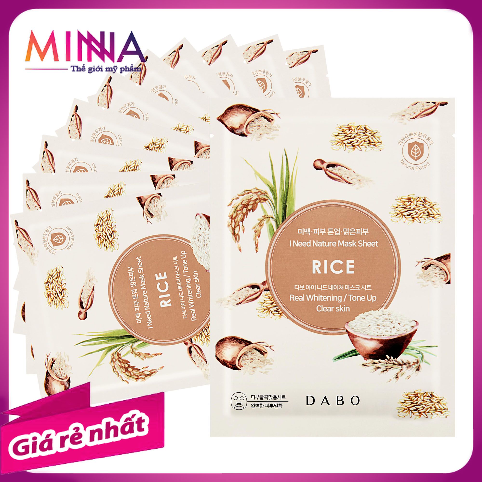 Mặt nạ tinh chất gạo cao cấp dabo i need nature rice 23ml - trắng sáng da, khử dầu, sạch nhờn.