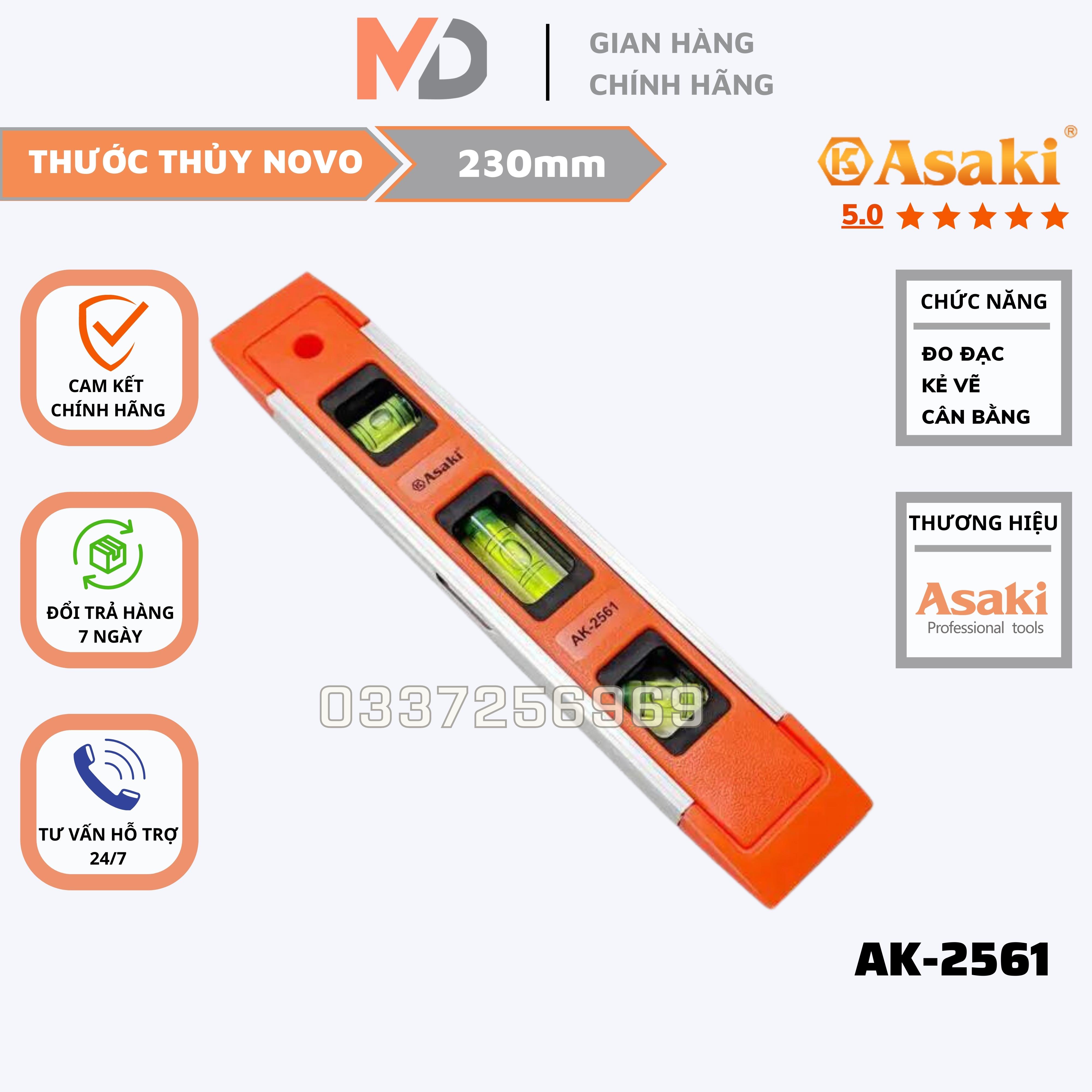 Thước thủy nivo mini hãng Asaki có nam châm dài 225mm, ống nước nivo đo góc nghiêng, livo điều chỉnh độ cân bằng mặt phẳng, thước cân bằng Nhật bản