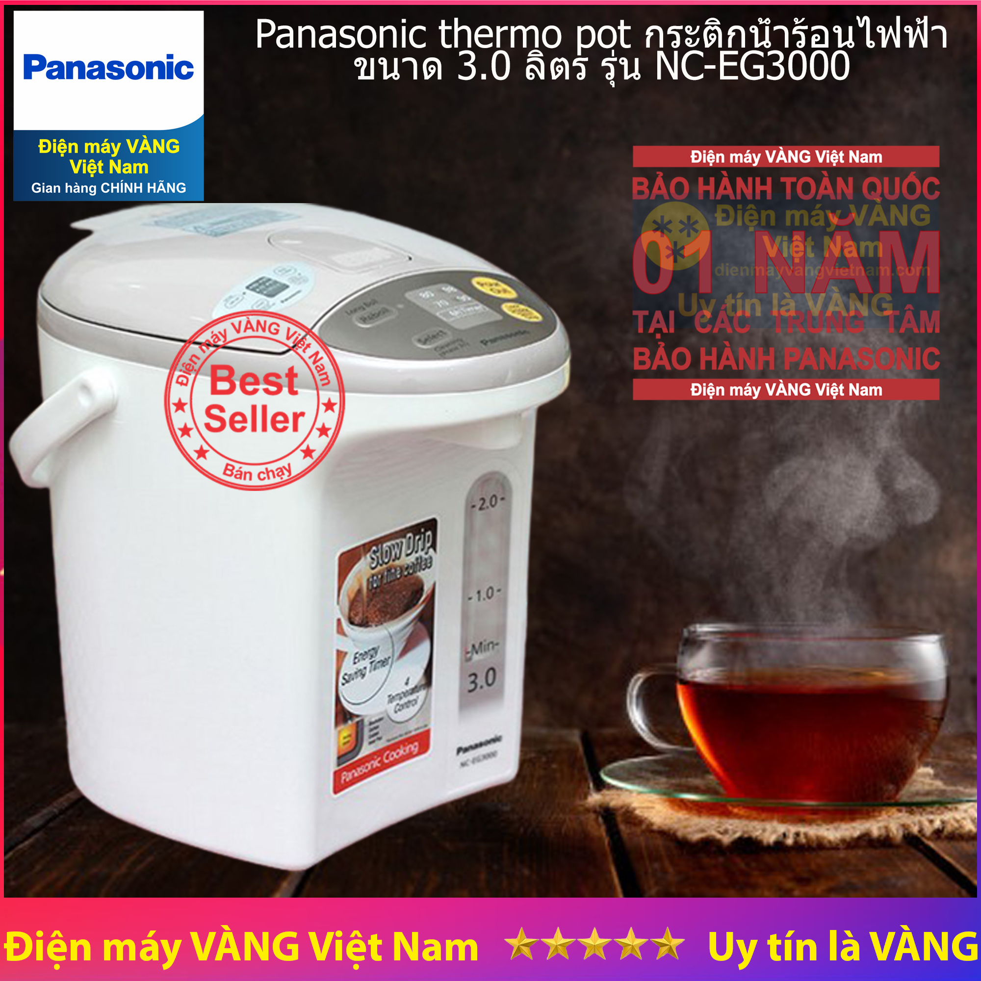 Bình thủy điện Panasonic NC-EG3000CSY 3 lít (Trắng) - Hàng chính hãng (Bảo hành 1 năm tại các Trung tâm bảo hành Panasonic trên toàn quốc)