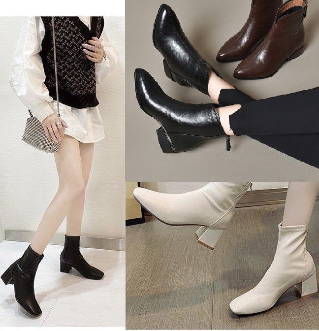 [CHUẨN ĐẸP] Giày bốt đế vuông 5 phân 7 phân dây kéo tròn sau gót da trơn lót lông S088 êm chân