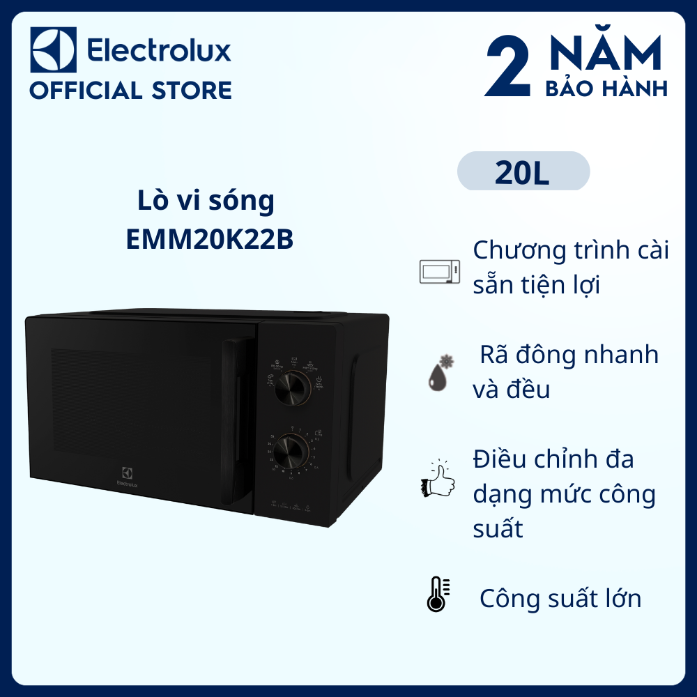 Lò vi sóng để bàn electrolux 20l - emm20k22b - 5 chương trình cài sẵn, dễ sử dụng - bảo hành 2 năm toàn quốc