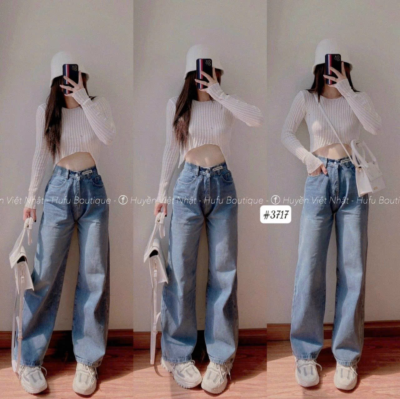 Baggy jean nữ xanh trơn lưng caoJT