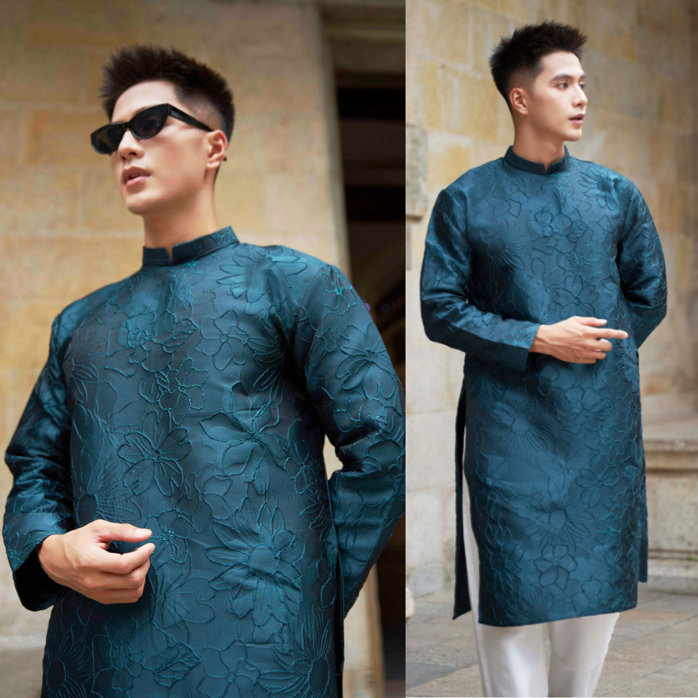 Áo dài cách tân nam màu xanh cổ vịt chất liệu gấm vân hoa nhũ thiết kế cao cấp - M24