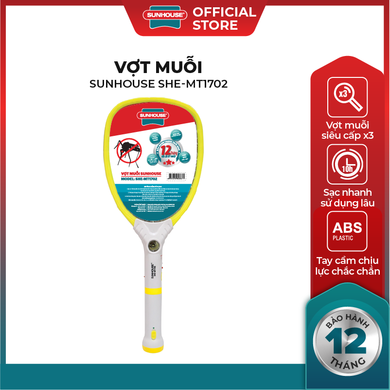 Vợt muỗi SUNHOUSE SHE-MT1702 tích hợp đèn báo - Nhựa ABS an toàn, chống va đập - Hàng chính hãng