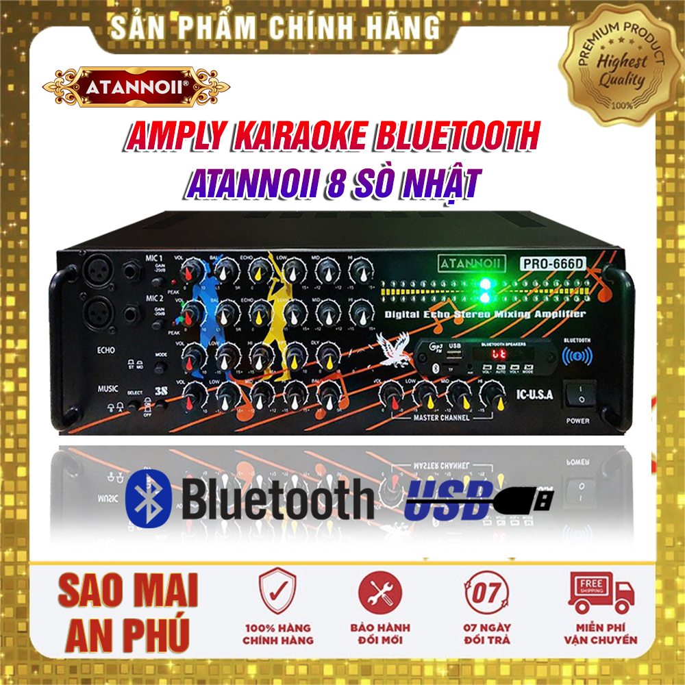 Amply Đèn nháy cực đẹp - Ampli Bluetooth karaoke, Amply nghe nhạc gia đình ATANNOII PRO- 666D kết nối Bluetooth Usb Thẻ nhớ - Tặng dây AV và 2 chống lăn micro.