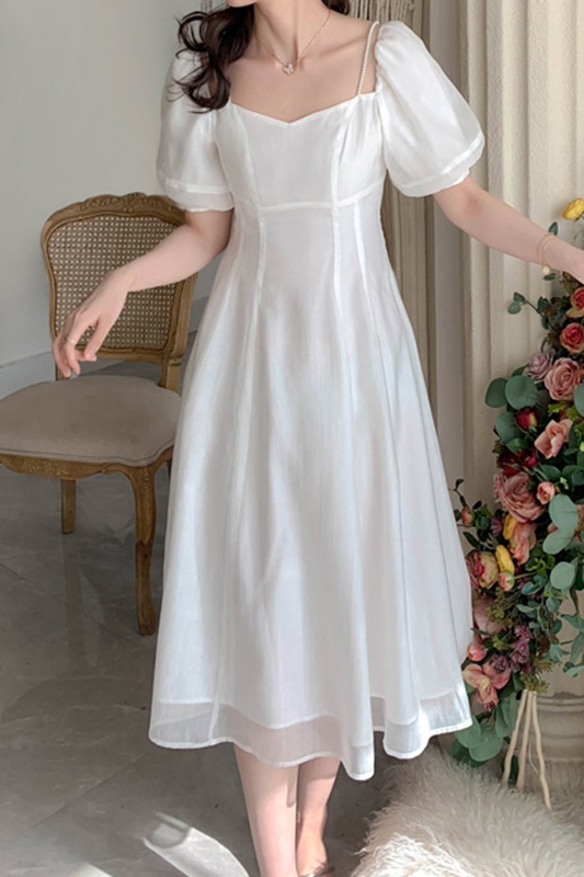 Váy đầm tiểu thư mầu trắng bánh bèo thiết kế 2 lớp voan cổ vuông retro vintage dáng xòe dài đủ size s m l