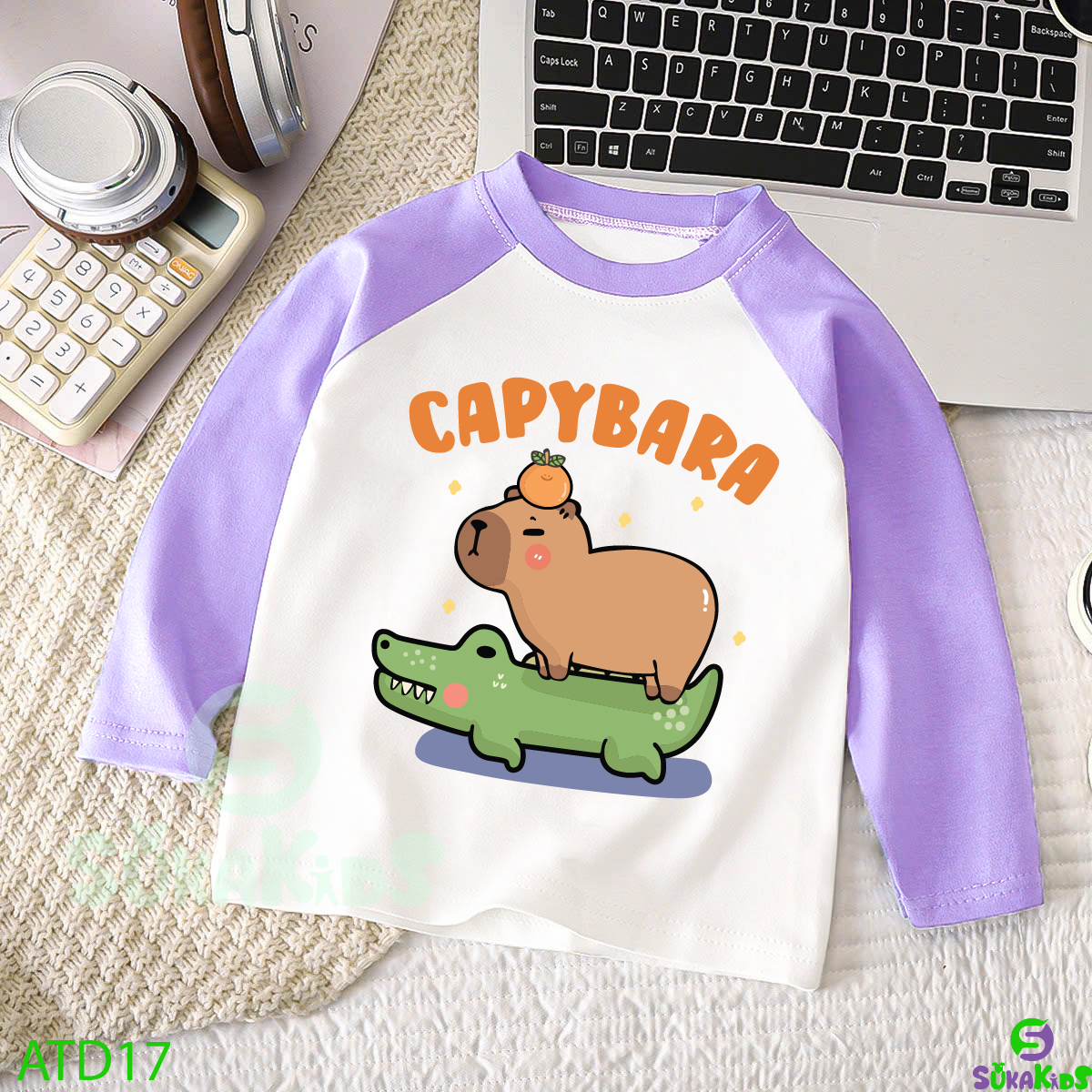 Áo tay dài raplang bé trai va bé gái in hình capybara từ 6kg-32kg,ATD17