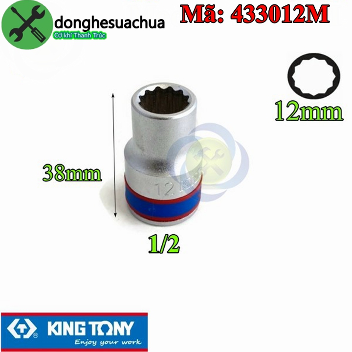 Tuýp 12mm 1/2 kingtony 433012m 12 cạnh màu trắng dài 38mm