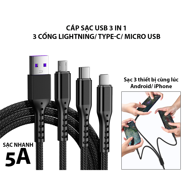 Cáp sạc nhanh usb 3 trong 1 chất lượng cao 5a, iphone, android, typec