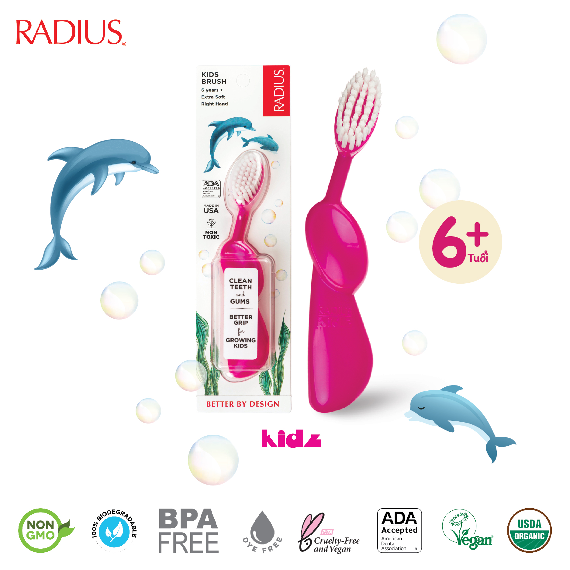 Bàn chải siêu mềm radius cho bé từ 6 tuổi kids brush radius toothbrush kid very soft 6y - bàn chải đánh răng - hữu cơ