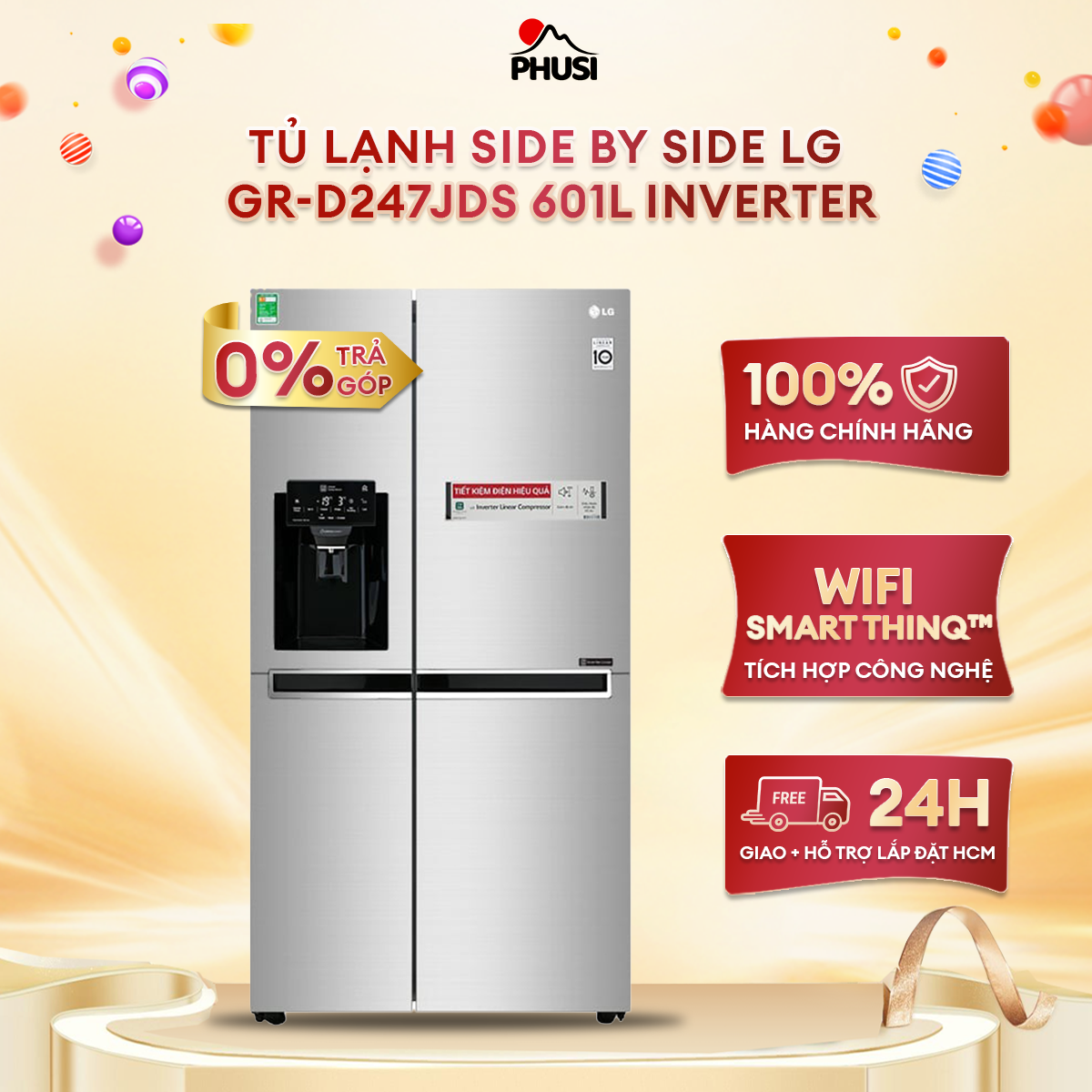 ✅[Trả góp 0%] Tủ lạnh Side by Side LG GR-D247JDS 601L Inverter