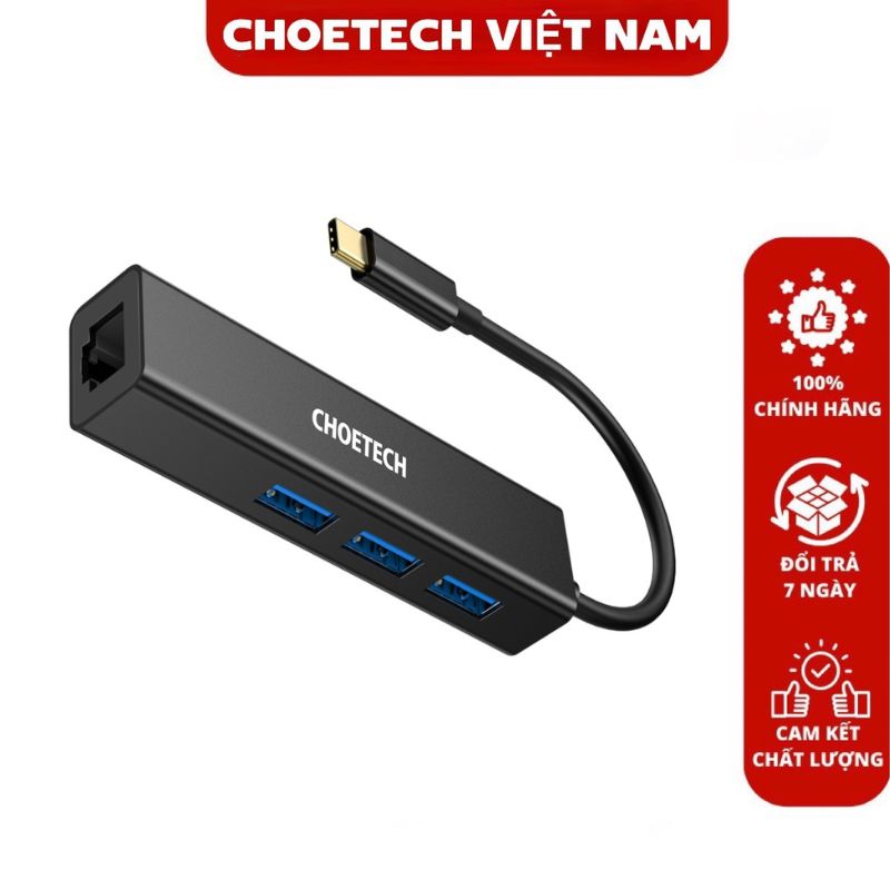 Hub chuyển type c ra 3 cổng usb và 1 cổng rj45 thương hiệu choetech hub-u02