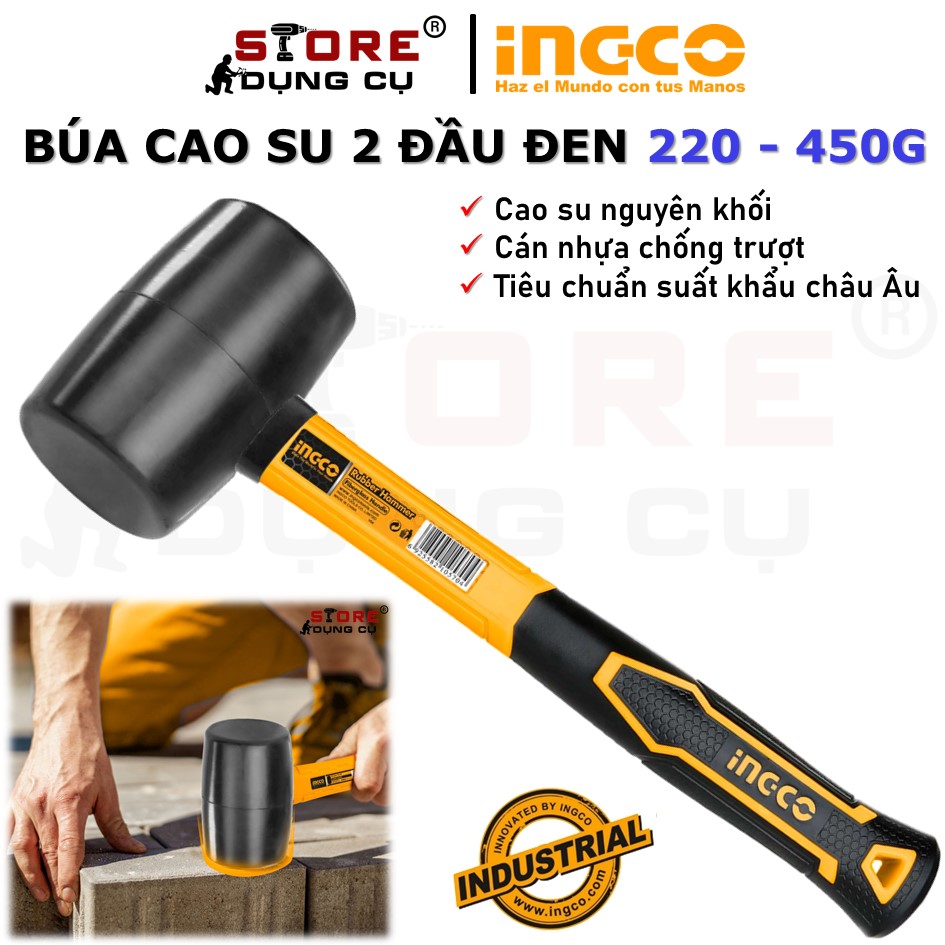220 - 450g búa cao su 2 đầu đen ingco hruh8208 hruh8216 búa cao su giảm chấn, ốp lát gạch, làm mộc, sửa chữa cơ khí