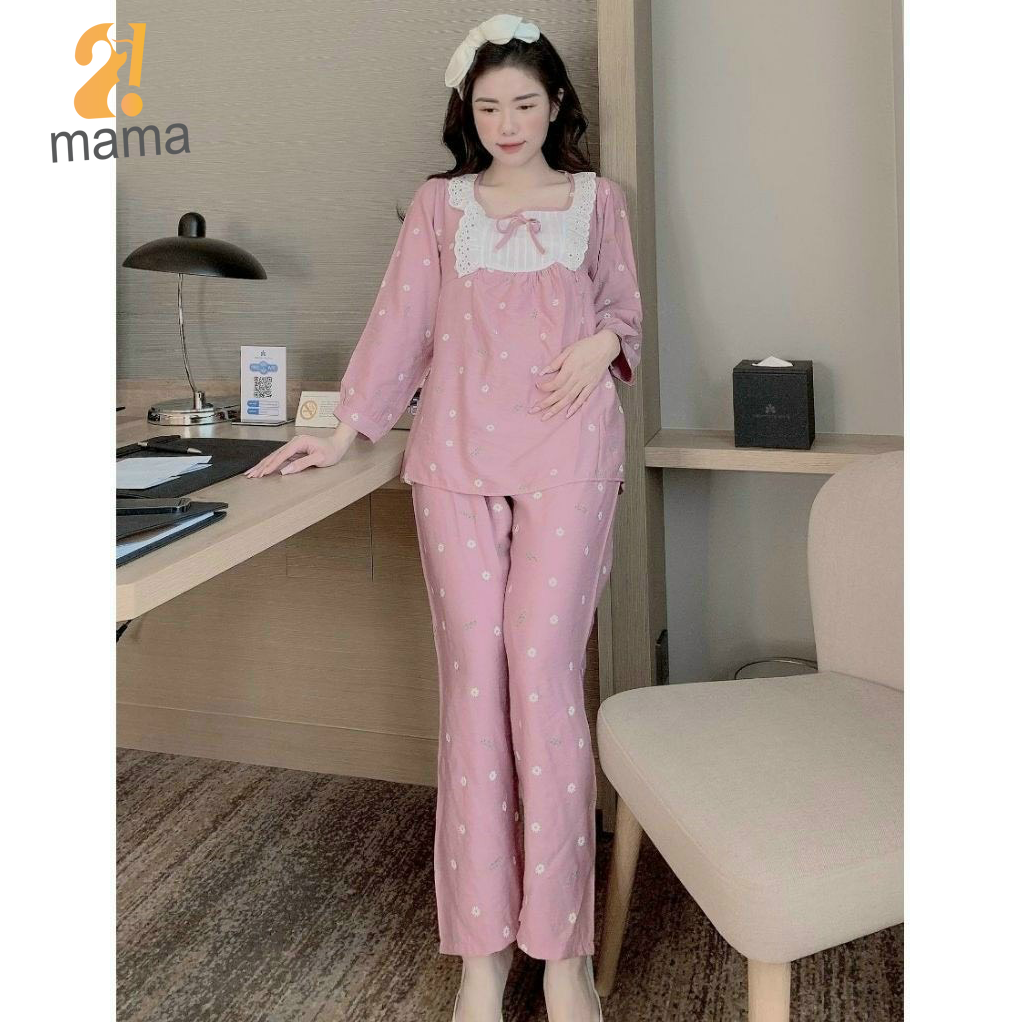 Bộ bầu và sau sinh, quần áo bầu mặc nhà dài tay có khoá cho bé ti chất đũi hoa pha ren mềm mịn (45-75kg) A022