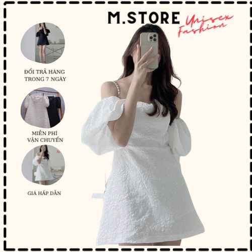 Váy nữ trễ vai tay bồng chất xốp gấm hoa màu trắng đen đi tiệc,đám cưới hottrend_M.store