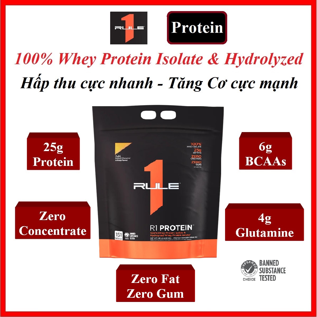 Rule 1 Protein 10Lbs 4,54kg – Bổ sung Protein 100% Whey Isolate & Hydrolyzed, hấp thu cực nhanh, tă
