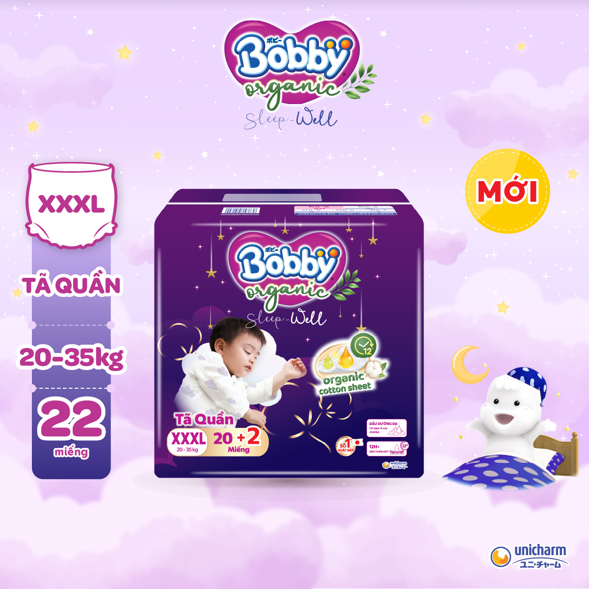 [MKB Gift] [MỚI RA MẮT] [Tặng kèm 2 miếng] Tã Quần Cao Cấp Ban Đêm Bobby Organic Sleep Well  - Size XXXL20+2