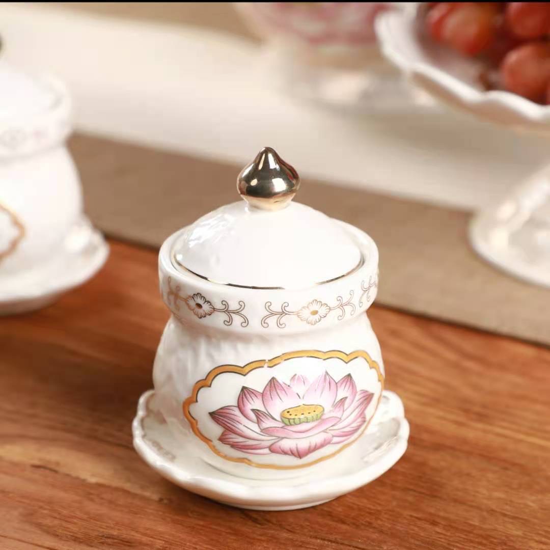 Chung nước bạch ngọc sen hồng có nắp thờ cúng gia tiên, chum có nắp thờ thần tài thổ địa bạch ngọc sứ trắng cao cấp
