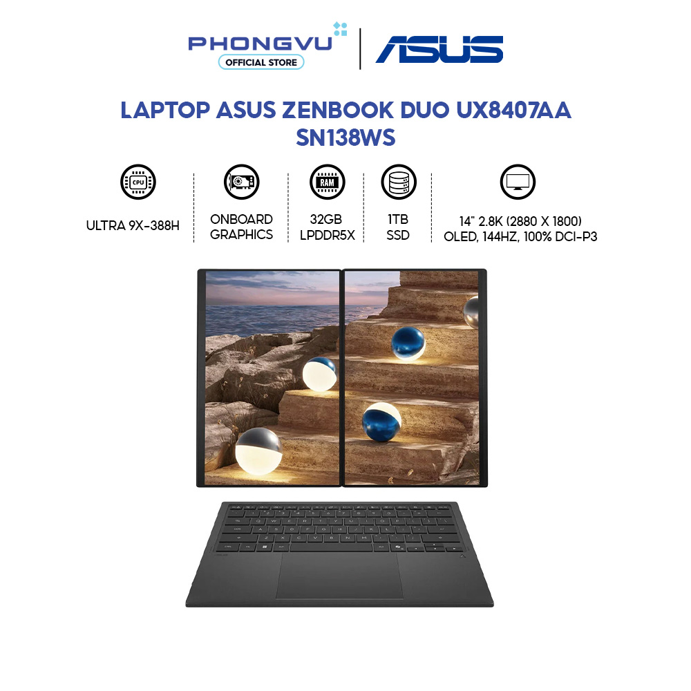 Laptop Asus Zenbook Duo UX8407AA-SN138WS (Ultra 9X-388H/ 32GB/ 1TB/ Windows 11 Home) -Bảo hành 24 tháng