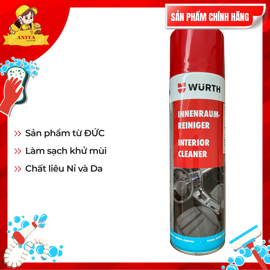 Chất vệ sinh nội thất cao cấp ô tô Wurth. Vệ sinh ghế da, nỉ, táplô, táppi. Mùi hương dễ chịu. Hiệu quả cao, dễ sử dụng