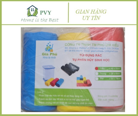 1kg túi đựng rác 3 cuộn tự phân hủy sinh học nhiều màu tiểu 45x55cm Gia Phú