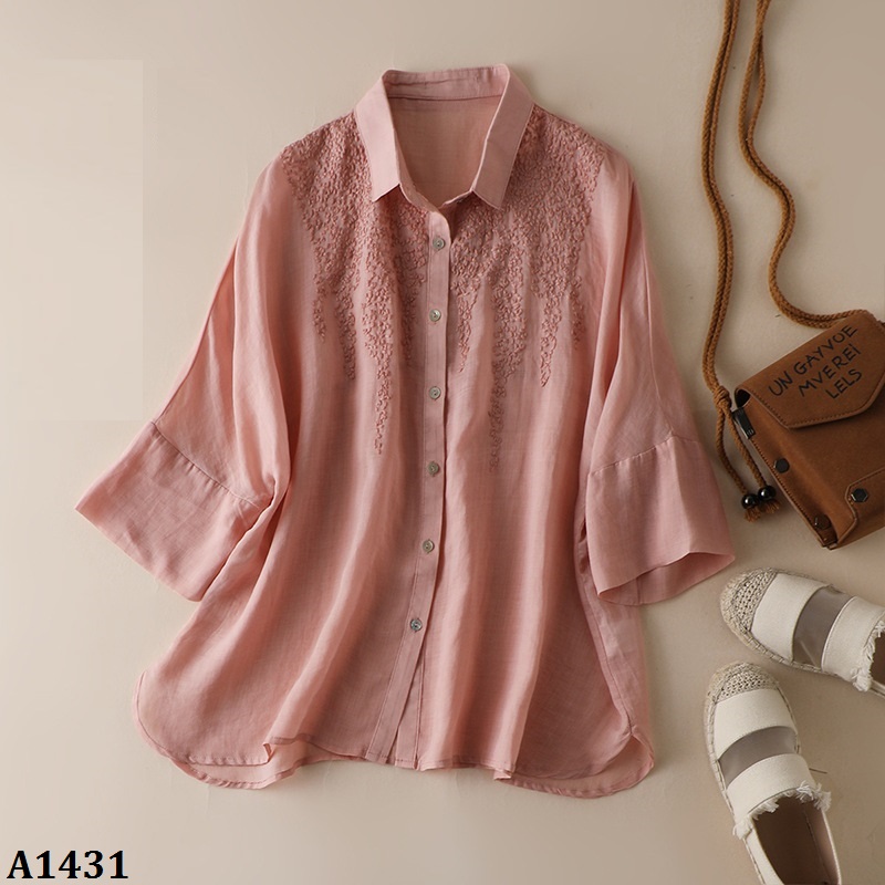 A1431-áo linen tay lỡ thêu ve áo