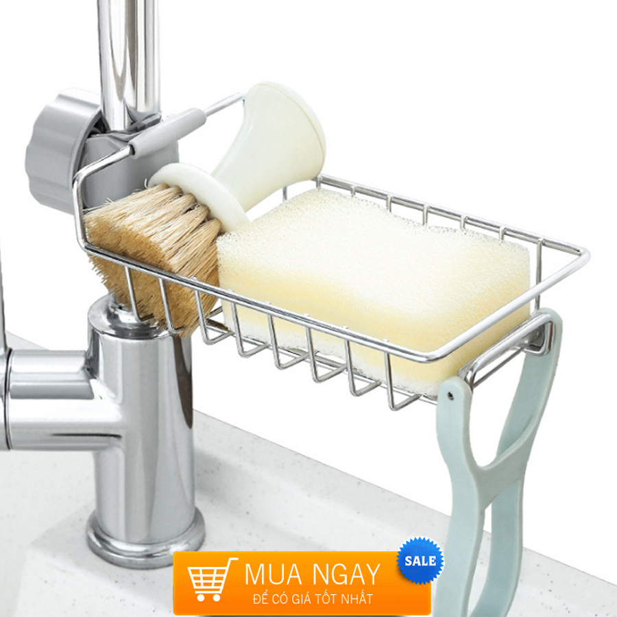 Giỏ Inox để bồn rửa bát kết hợp treo vòi nhà tắm, toilet để đồ đa năng ráo nước mút bọt biển, bông tắm, dao bào