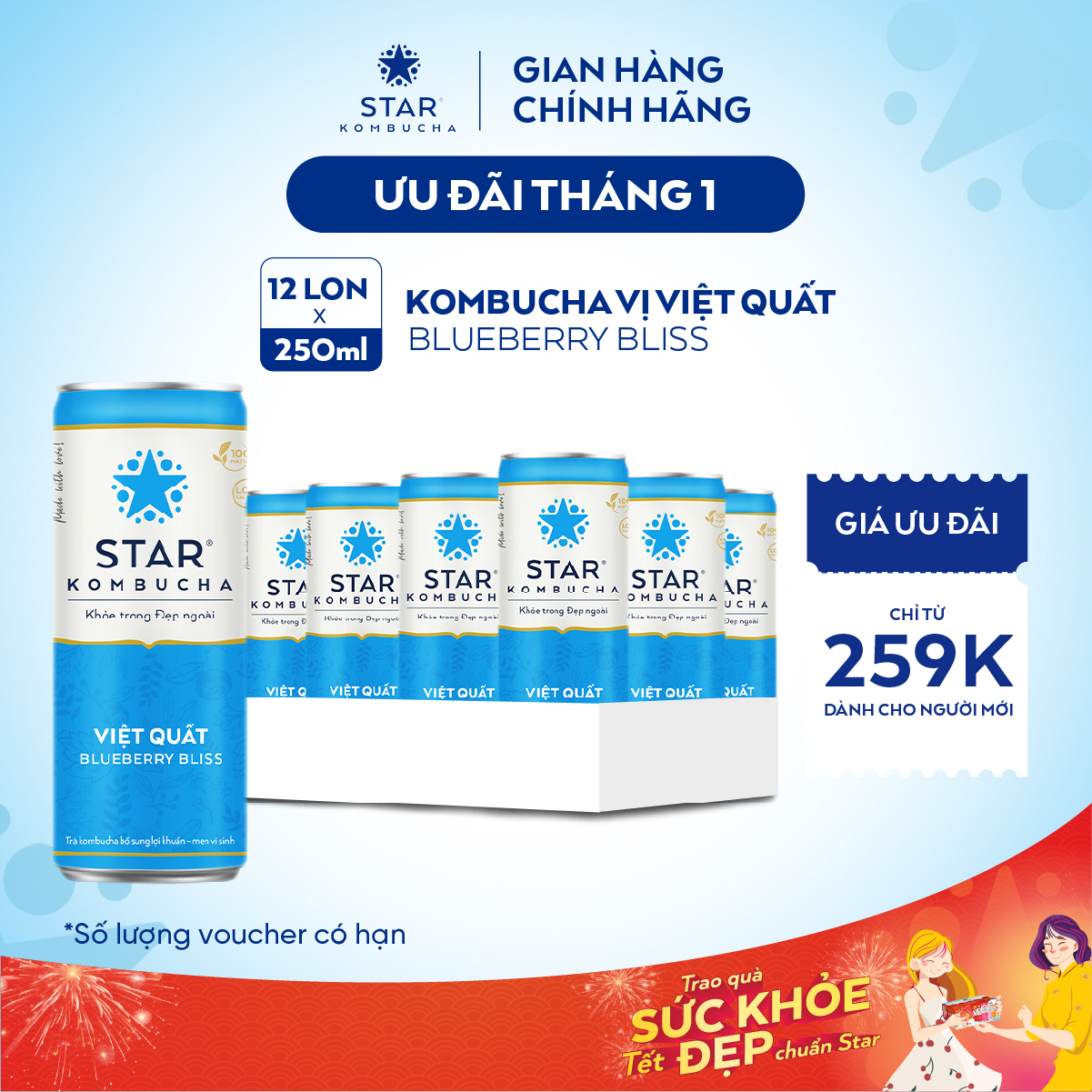  Thùng 12 lon trà trái cây lên men STAR KOMBUCHA Việt Quất   Blueberry Bliss  250ml lon  