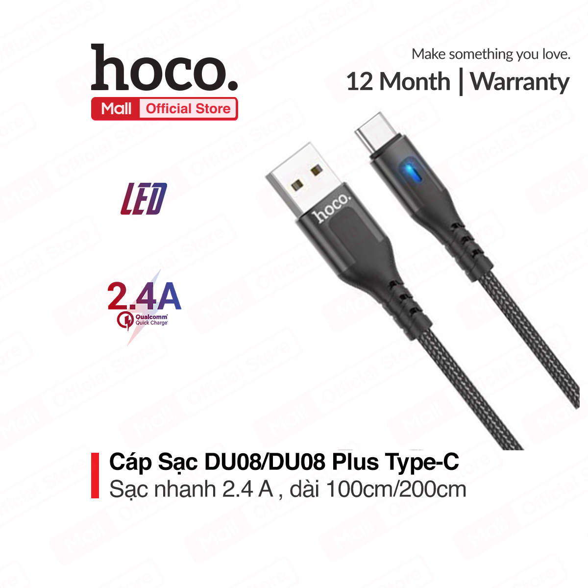 Cáp sạc Hoco DU08/DU08 Plus USB to Type-C có đèn LED báo sạc hỗ trợ sạc nhanh 2.4A dây bọc dù chống đứt gập dài 1m/2m tương thích nhiều dòng máy android