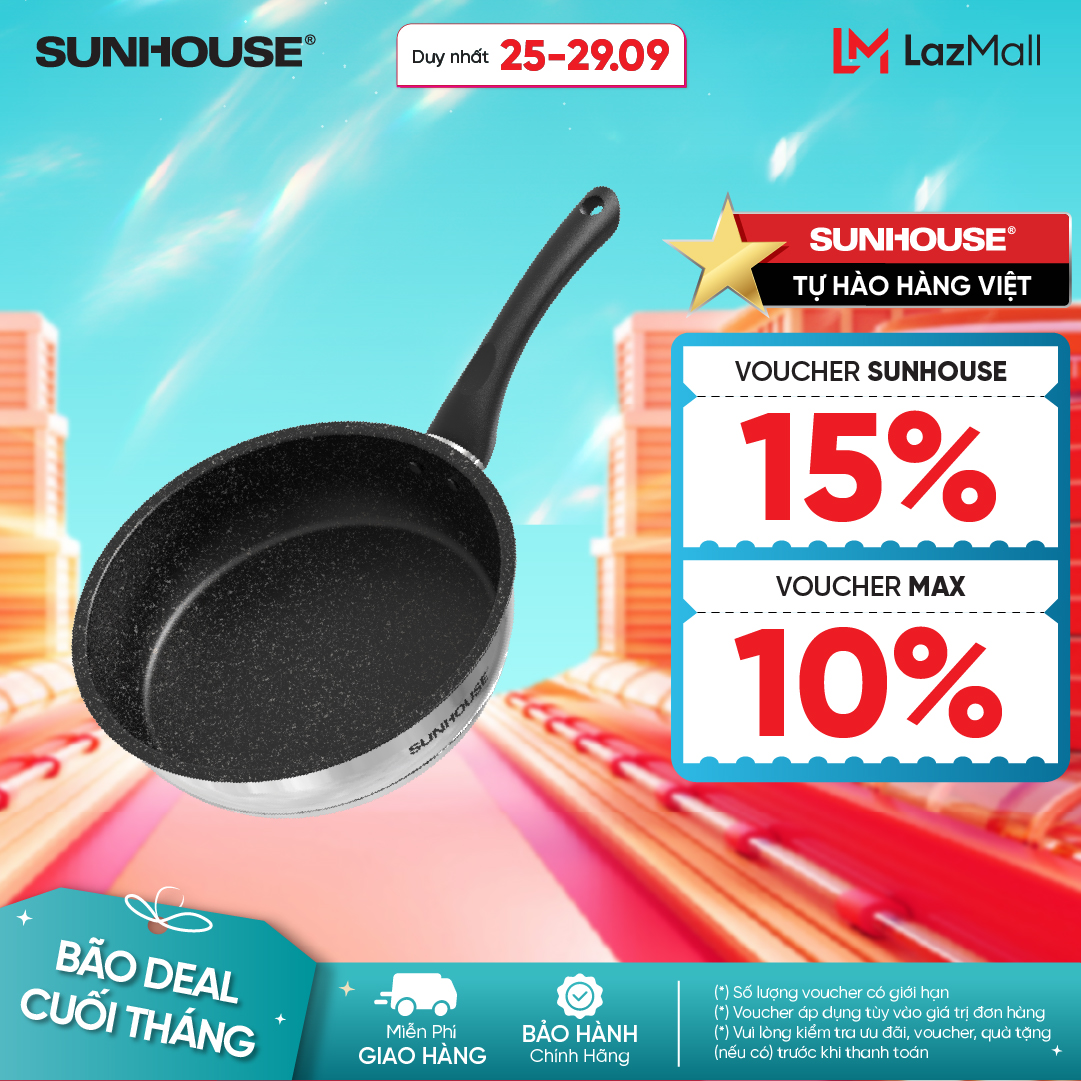 Chảo Inox 5 Đáy Chống Dính Vân Đá Sunhouse IN20-28M4 - Đáy Phẳng Bền Bỉ Vượt Trội - Bắt Nhiệt Tốt - Chống Dính Vân Đá An Toàn