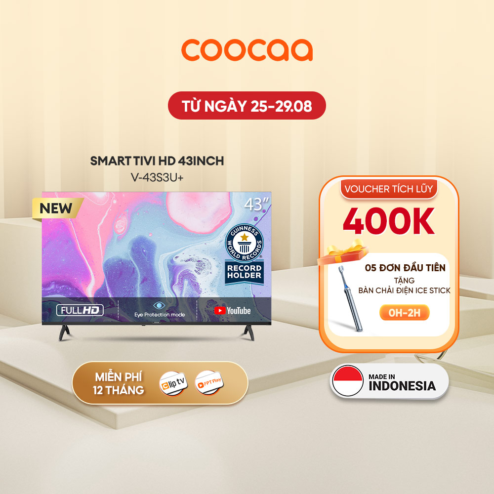 Tivi 43 inch Giá Rẻ SMART TV FHD Coocaa 43 inch 43S3U+ Full HD - tivi giá rẻ - CC Cast, Dolby audio, Youtube, Hệ điều hành OS Coolita - Tặng 1 Năm ClipTV, FPT 12 tháng gói family + 6 tháng VOD 4K