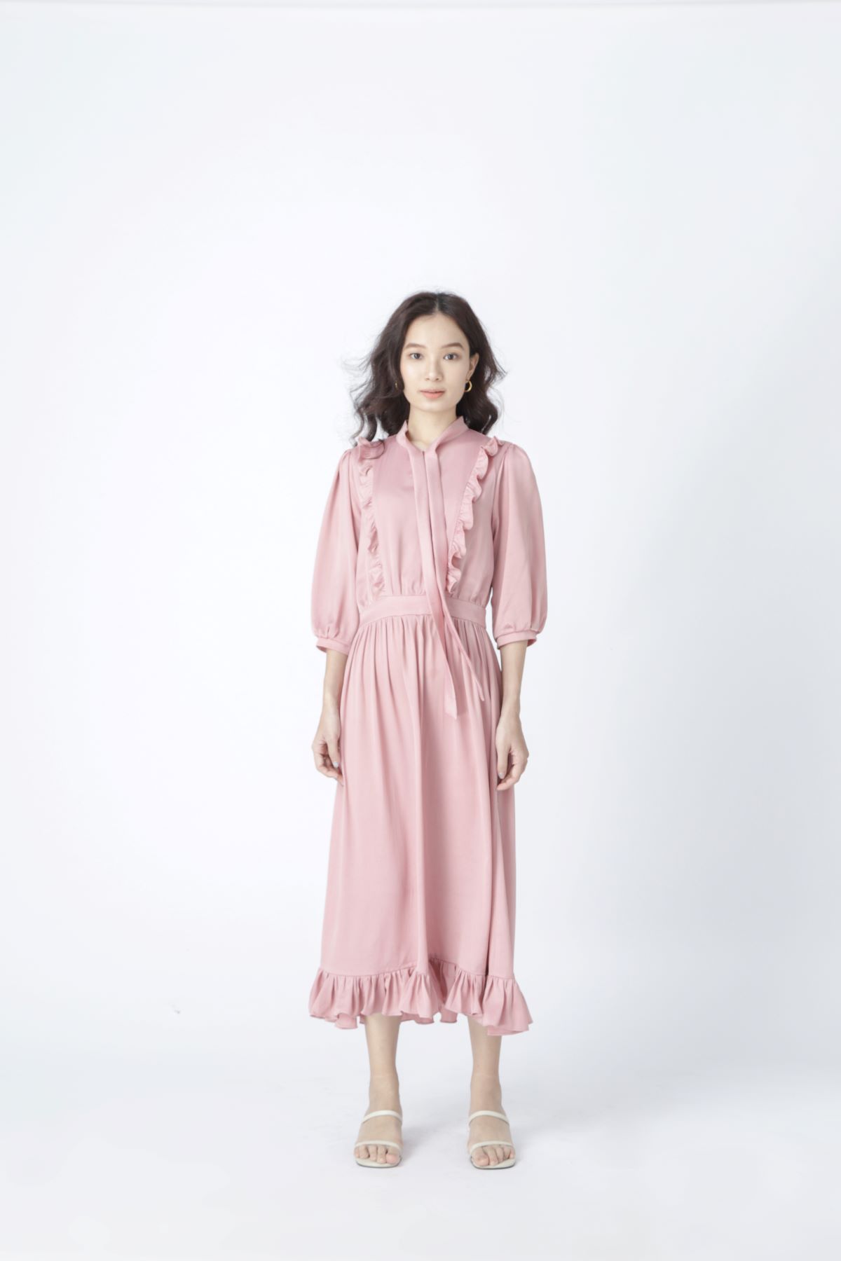 Aoem - pink cloudy dress - đầm lụa gân hồng tay phồng