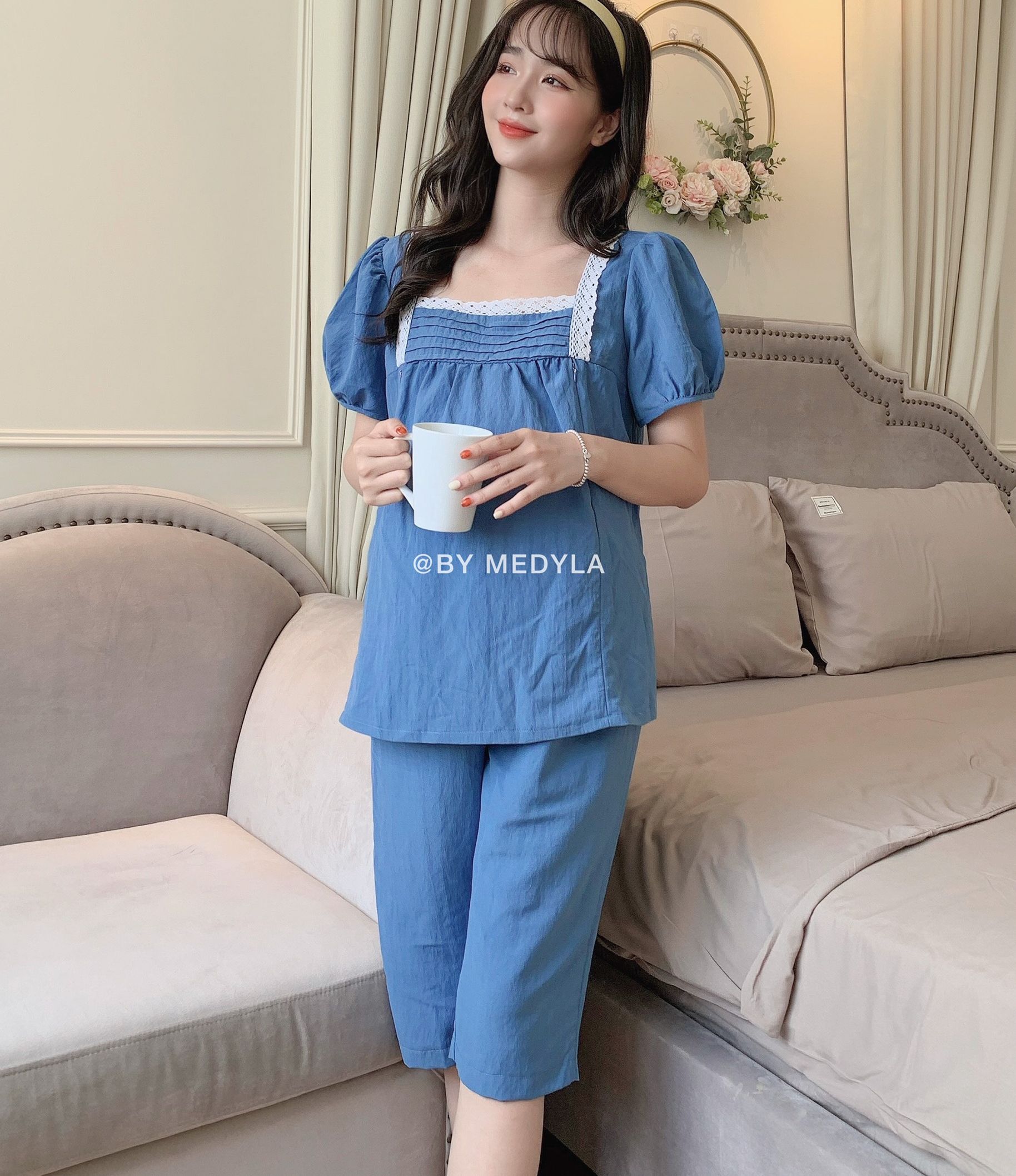 Bộ đồ bầu mặc nhà mùa hè đũi xước chất mát có khóa sau sinh - Đồ bầu sau sinh thiết kế Medyla - DB262