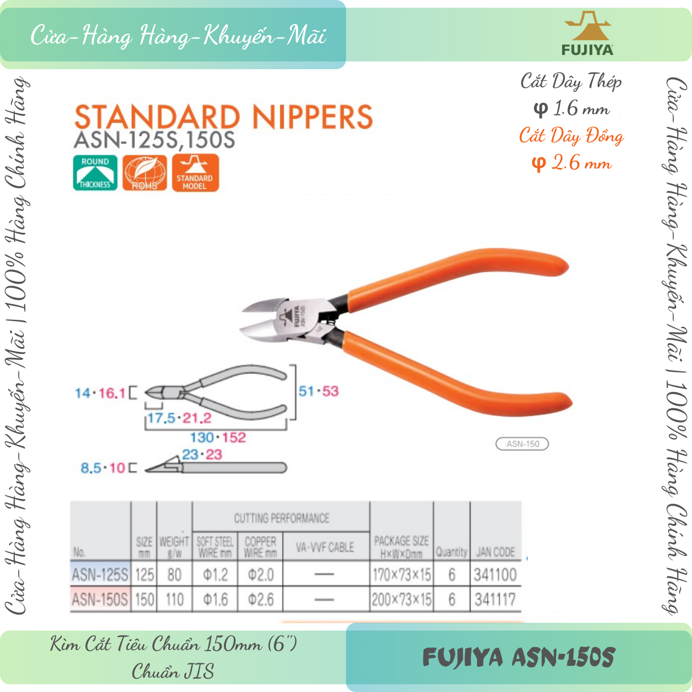 Fujiya ASN-150S Chuẩn JIS | Kìm Cắt Tiêu Chuẩn Fujiya ASN-150S, 150mm (6'') - Cắt Dây Thép φ1.6mm, Dây Đồng φ2.6mm - Hàng Chính Hãng