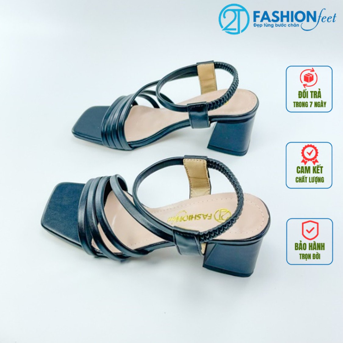 Sandal cao gót dây mảnh chính hãng thương hiệu 2tfashionfeet,mũi vuông , gót cao 7 phân vững chãi -hmsđ0005