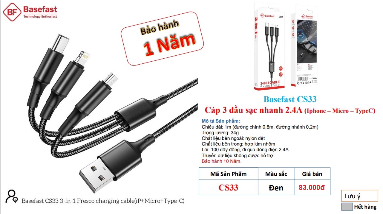 Basefast CS33 Cáp 3 đầu sạc nhanh 2.4A cáp sạc đa năng dây dù chống đứt chống dối sạc nhanh cho các dòng máy li hgtning micro typeC