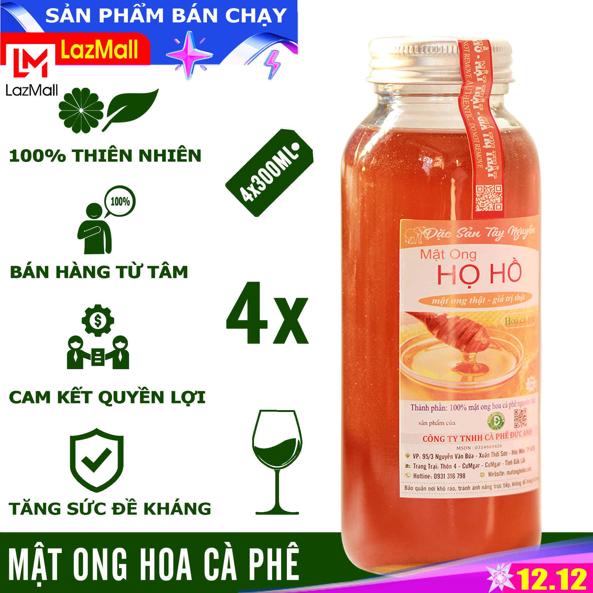 [Sale trợ giá] Combo 4 chai mật ong hoa cà phê (chai thủy tinh 300ml) - mật ong Họ Hồ - mật thật giá trị thật