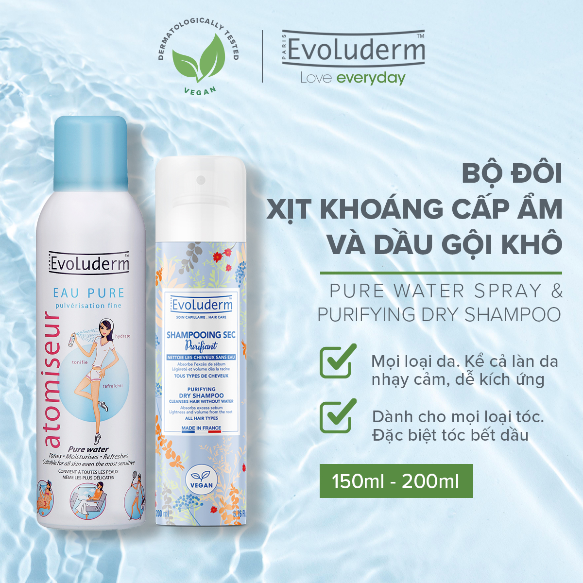 Bộ 2 sản phẩm du lịch xịt khoáng Evoluderm 150ml và Dầu gội khô Evoluderm 200ml