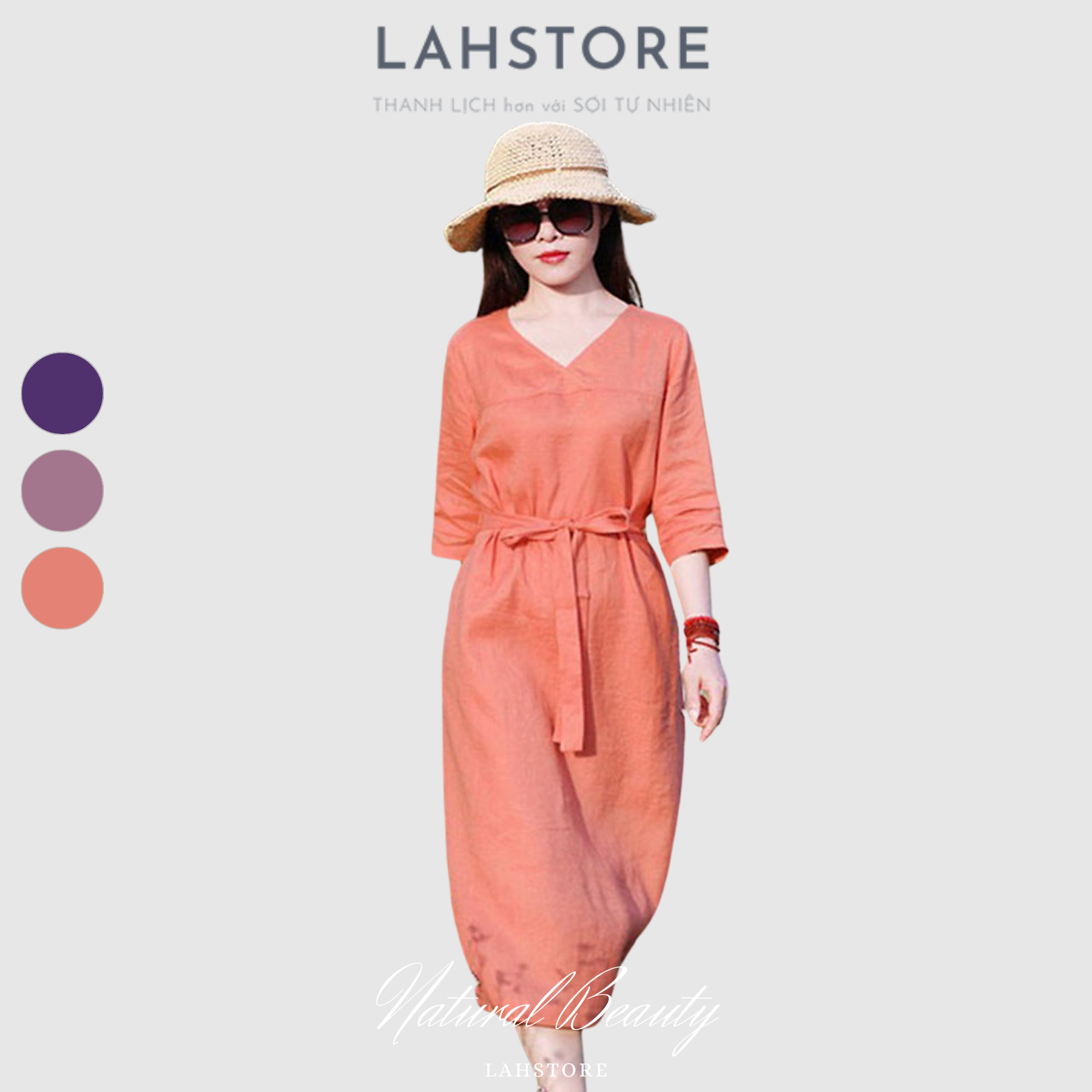 Đầm suông linen LAHSTORE thiết kế tay lỡ cổ tim phối đai eo rời trang nhã sang trọng