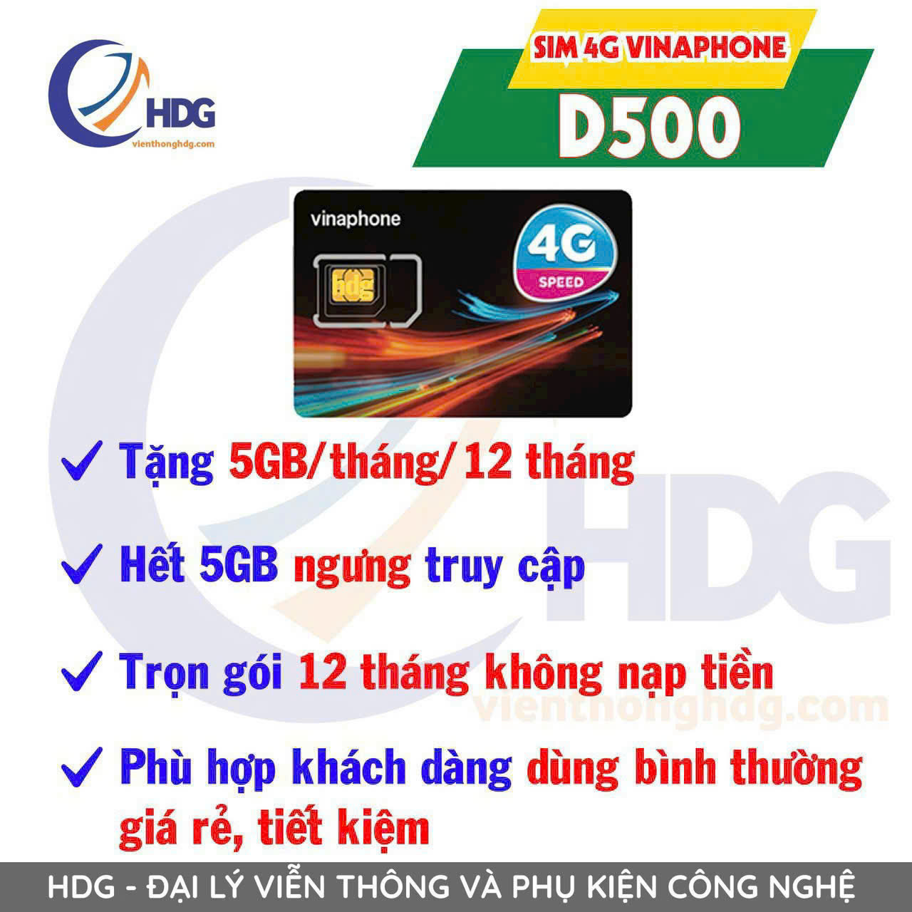 SIM 4G Vinaphone D500 5GB/tháng/12 tháng - trọn gói không cần nạp tiền - Viễn Thông HDG - SIM chưa kích hoạt