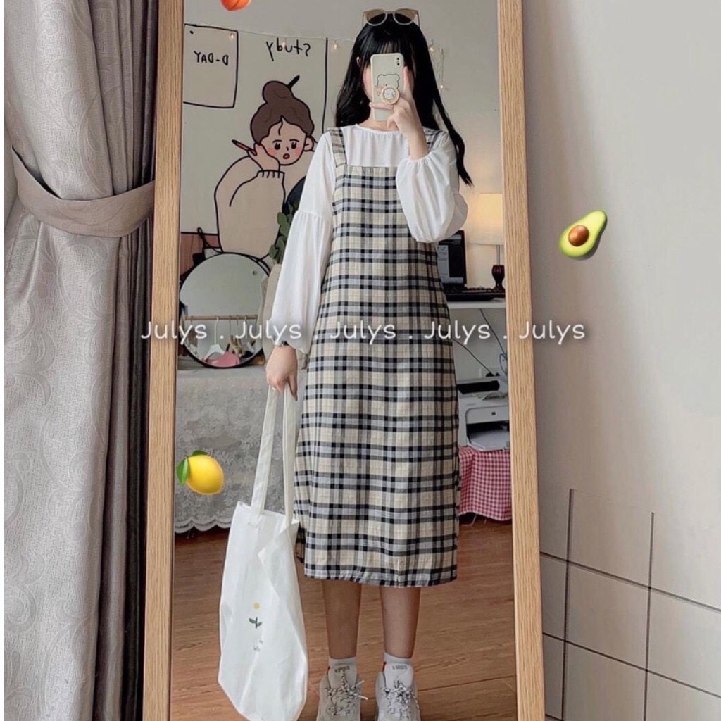 Set áo chun tay bồng phối yếm kẻ caro dáng rộng unisex thời trang hàn quốc/ Váy yếm babydoll kèm áo dài tay cá tính