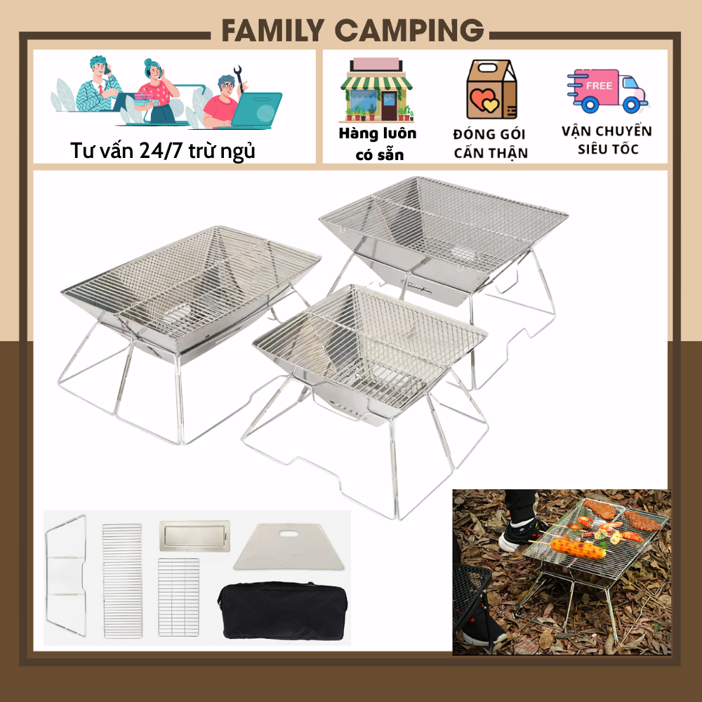 Bếp nướng inox ngoài trời di động gấp gọn có túi đựng bếp cắm trại dã ngoại 3-5 người bếp nướng than hoa  (Hàng có sẵn + ảnh + video)
