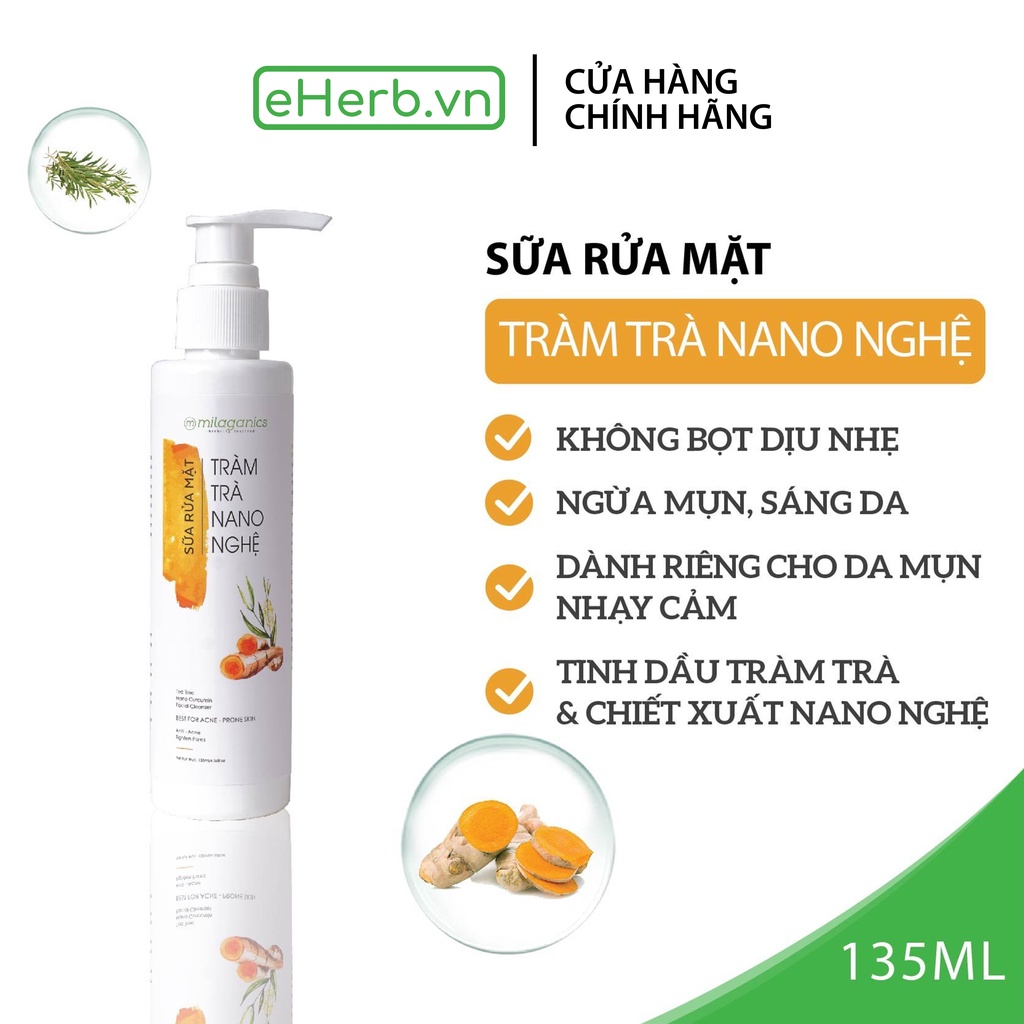 Sữa rửa mặt giảm mụn chiết xuất Nano nghệ tràm trà cho da dầu dưỡng ẩm mờ thâm Milaganics sữa rửa mặt tạo bọt cho da nhạy cảm organic từ thiên nhiên 135ml chai - Eherb