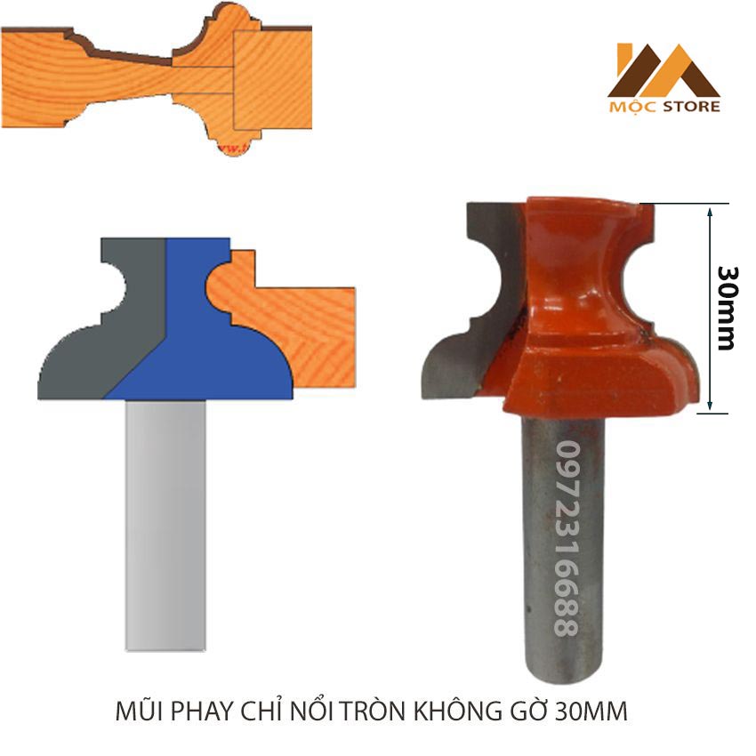 MŨI SOI GỖ - MŨI PHAY GỖ ĐÁNH CHỈ NỔI TRÒN KHÔNG GỜ 30MM CỐT 12.7MM - HÀNG VIỆT NAM CHẤT LƯỢNG CAO