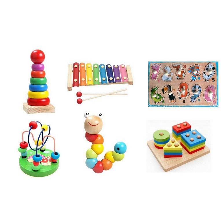 Sét combo 6 món đồ chơi gỗ phát triển tư duy - núm số - sâu - cầu vồng - luồn hạt - đàn gỗ - thả hình 4 trụ