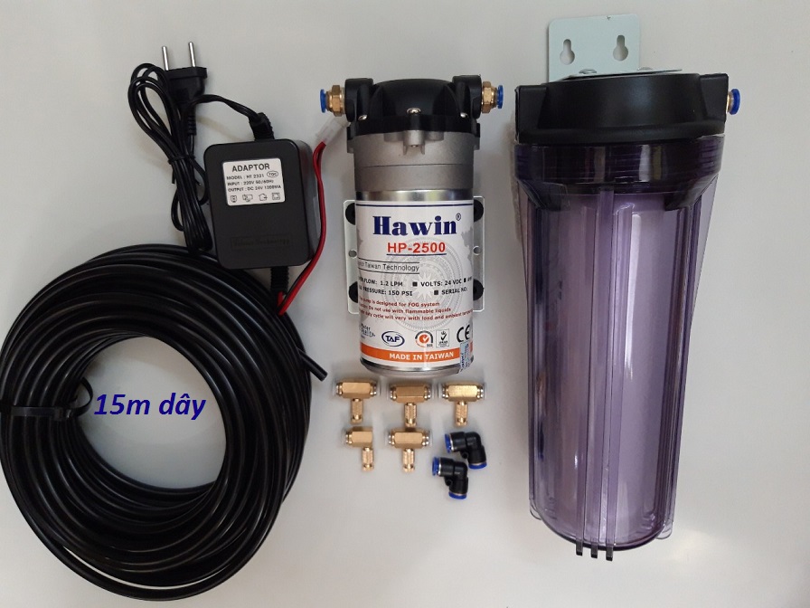 Trọn bộ phun sương 5 béc bơm đài loan hp-2500 15m dây 1 cốc lọc trong suốt