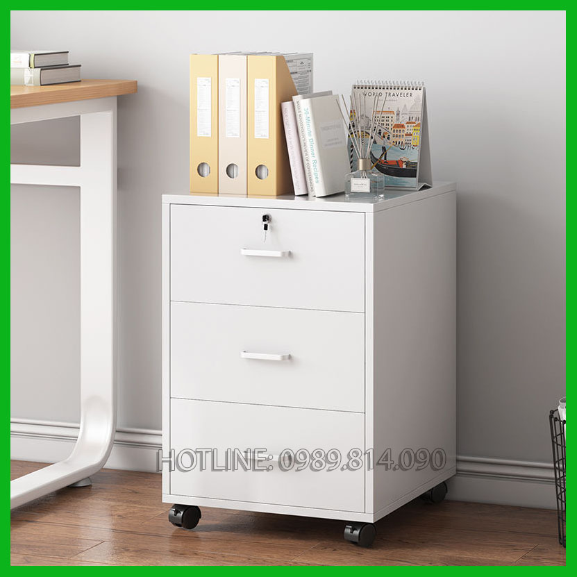 Tủ hồ sơ văn phòng gỗ MFC An Cường dày 17mm - CABINET03, tủ hồ sơ cá nhân cao cấp để đồ đa năng gắn khóa, tủ đầu giường 3 ngăn hộc kéo đựng đồ có bánh xe di động